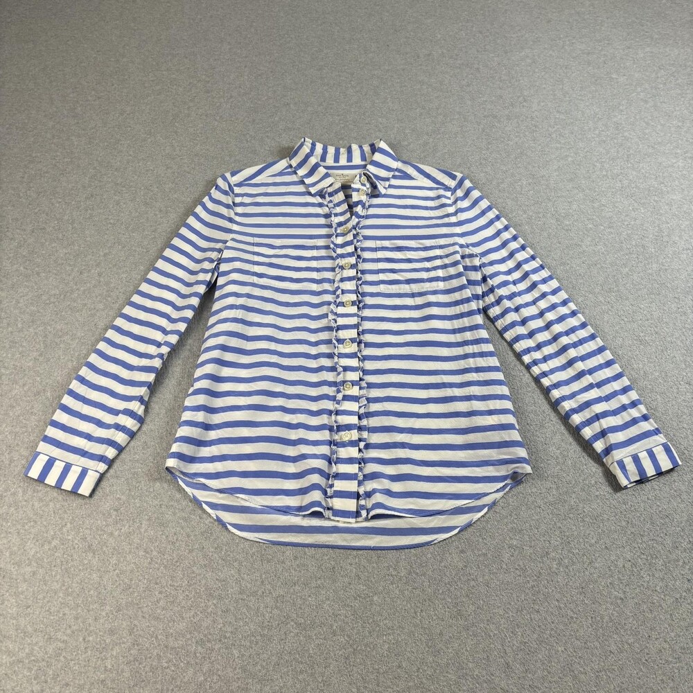 Kate Spade Shirt Women Medium Blue Silk Blend Stripe Ruffle Button Twee Office